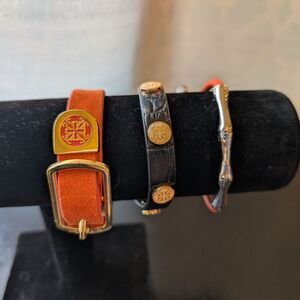 Rustic Cuff Trio Bracelet Set - Orange, Black, Silver